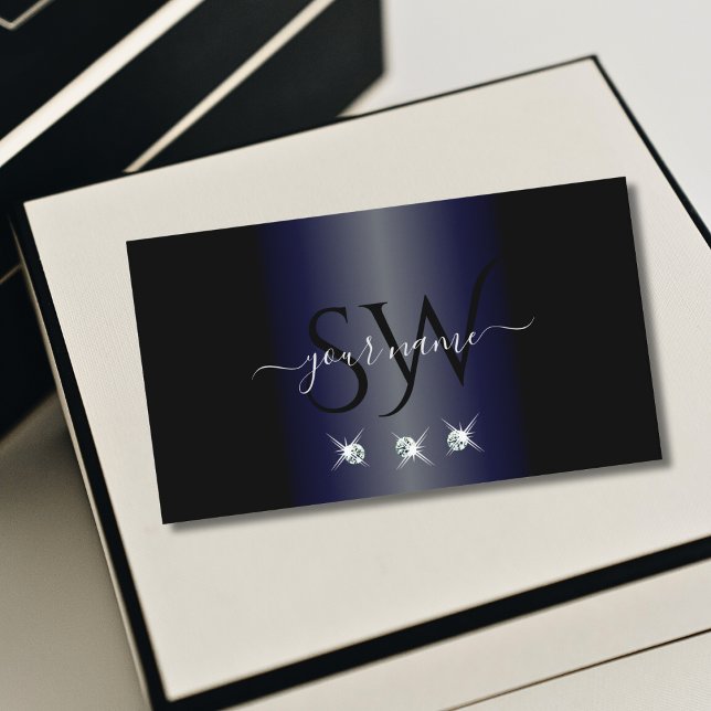 Carte De Visite Diamants étincelants bleu foncé et noir Monogramme (Créateur téléchargé)