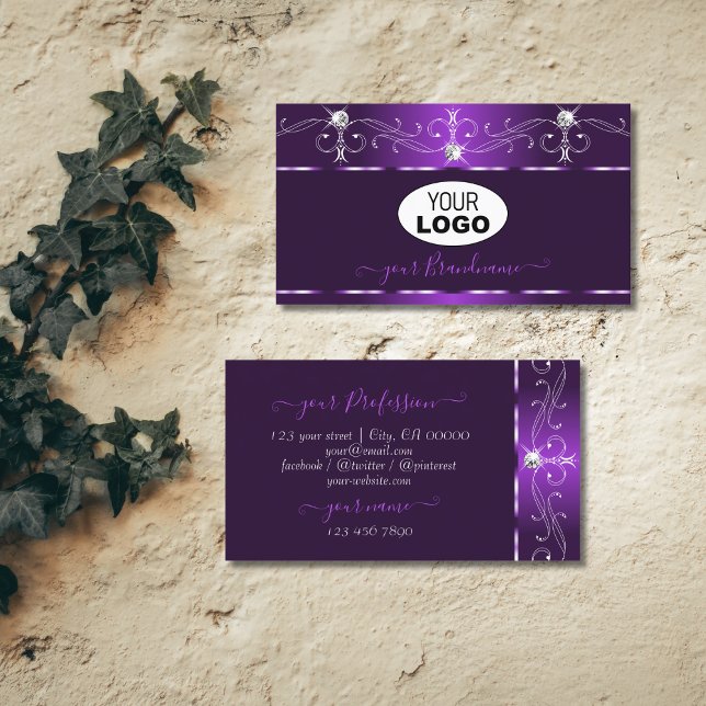 Carte De Visite Diamants étincelants de luxe pourpre avec logo (Créateur téléchargé)