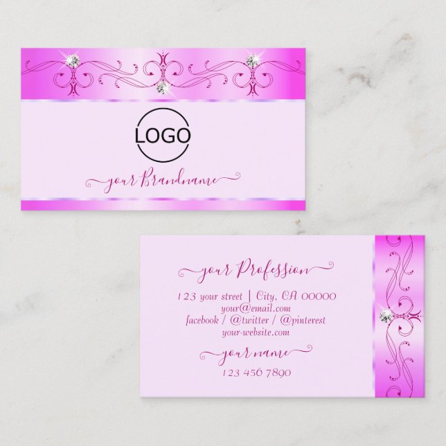 Carte De Visite Diamants étincelants rose orné luxueux avec logo (Devant / Derrière)