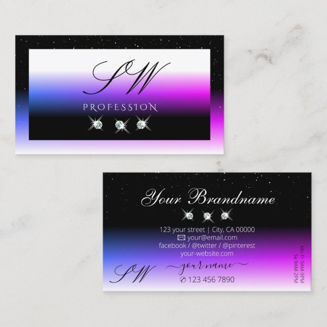 Carte De Visite Diamants noirs blancs Rouges violets Pink Initiale (Devant / Derrière)