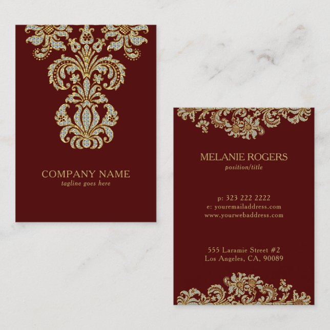 Carte De Visite Diamants & Or Floral Swirl Sur Rouge foncé (Devant / Derrière)