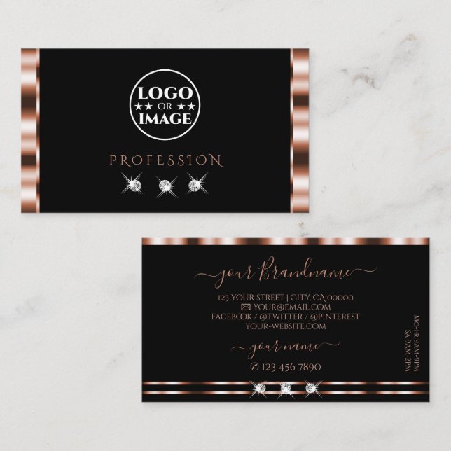 Carte De Visite Diamants Rose Gold Black Sparkling Ajouter un logo (Devant / Derrière)