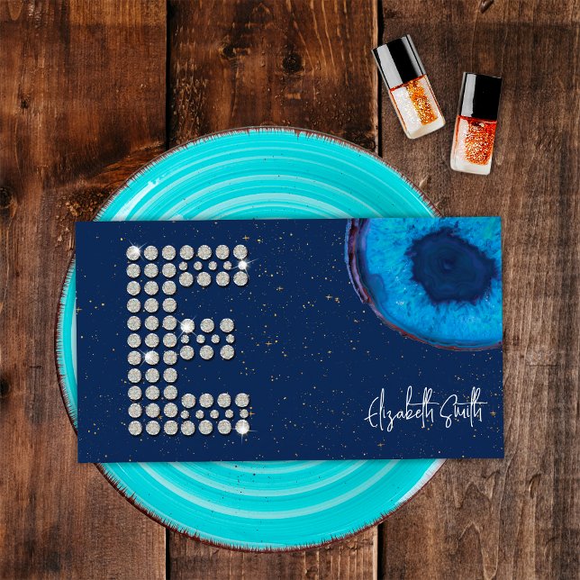 Carte De Visite Diamètre Chic Agate Bleu Lettre E Initiale Monogra (Front)