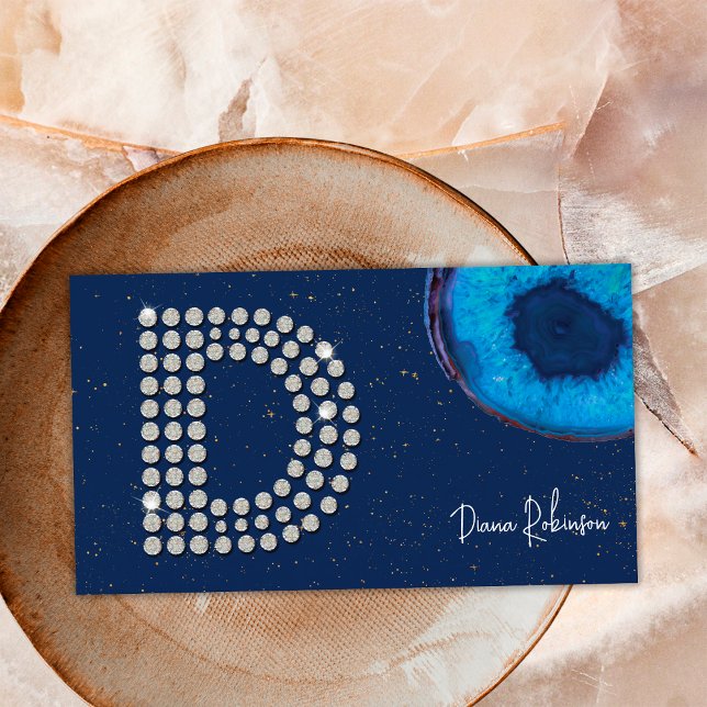 Carte De Visite Diamètre Chic Agate Bleu Première lettre D Monogra (Front)