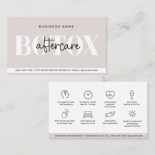 Carte de visite d'instructions de botox pour les s (Devant / Derrière)