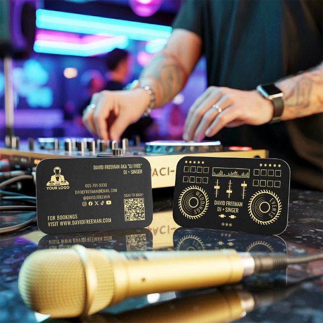 Carte De Visite Dj Musique Moderne Minimaliste Noir et Or Platine (Dj Music Modern Minimal Black and Gold Turntable)