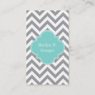 Carte De Visite Dk Gris Blanc LG Chevron Turquoise Monogramme Nom
