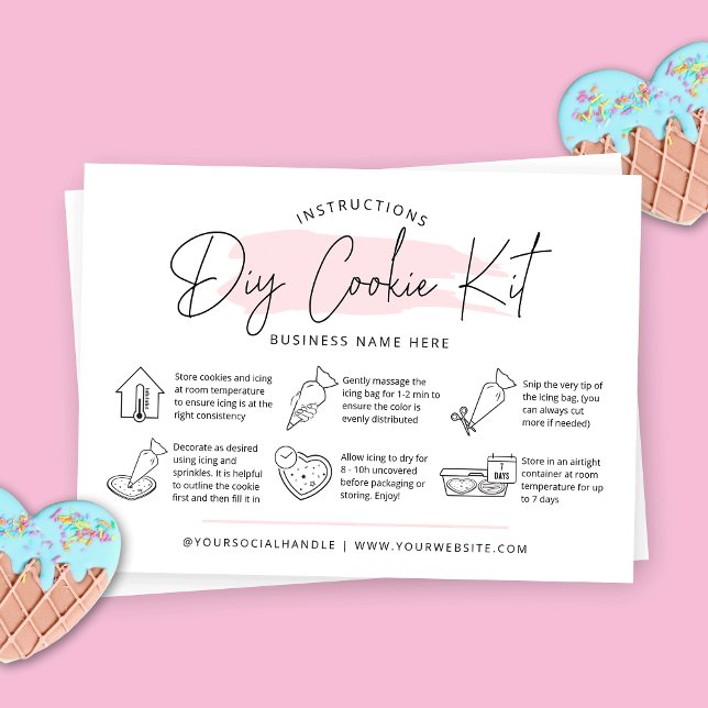 Carte De Visite do-it-yourself Kit de cookies Instructions Aquarel (DIY cookie kit care cards with icons, pink watercolor background and trendy fonts)