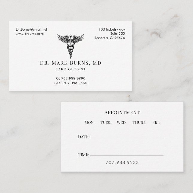 Carte De Visite Docteur Cardiologue Caduceus Nomination Et (Devant / Derrière)