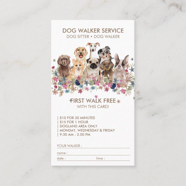 Carte De Visite Dog Walker Service Nom cadeau gratuit (Devant)