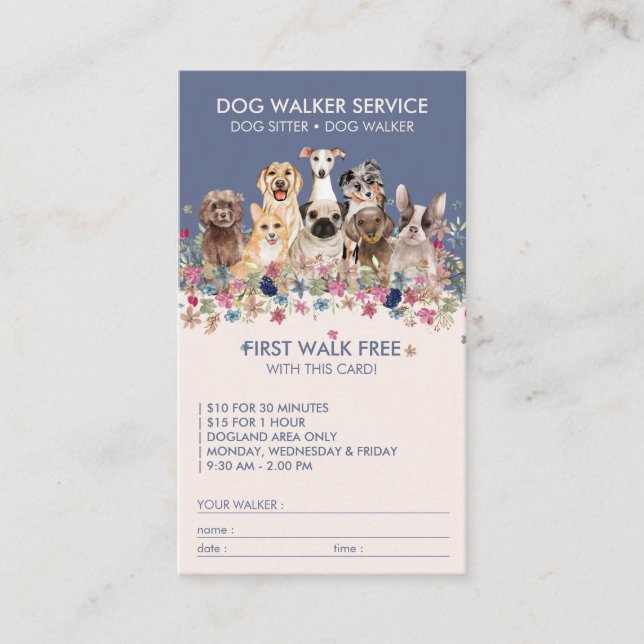 Carte De Visite Dog Walker Service Nom cadeau gratuit bleu (Devant)