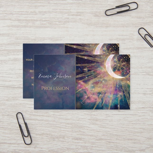 Carte De Visite Doodles dorés de Nebula Sun Moon Mandala (Devant/Arrière en situation)