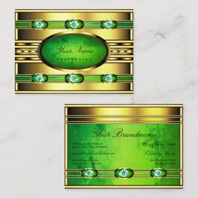 Carte De Visite Doré clinquant avec marbre vert et diamants Faux (Devant / Derrière)