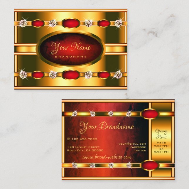 Carte De Visite Doré et rouge flashy avec diamants Faux chatoyants (Devant / Derrière)