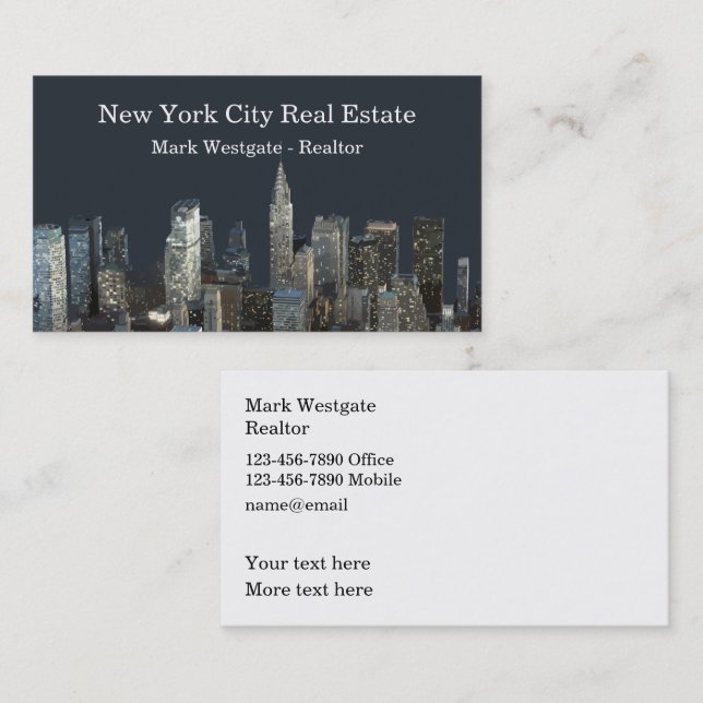 Carte de visite double face du New York City Realt (Devant / Derrière)