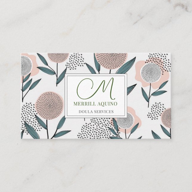 Carte De Visite Doula Services Main tiré Floral Monogrammé (Devant)
