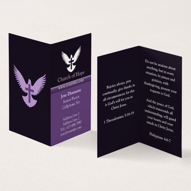 Carte De Visite Dove avec croix foncé violet plié verticalement (Intérieur et extérieur)