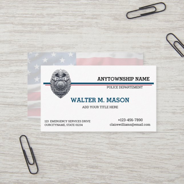 Carte De Visite Drapeau américain Badge de police de la Ligne bleu (Devant/Arrière en situation)