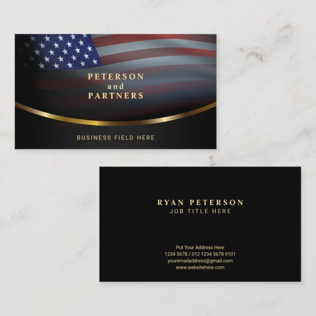Carte De Visite Drapeau américain | Gradation Concave Gold | Black (Devant / Derrière)