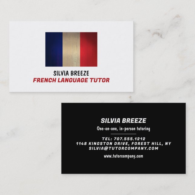 Carte De Visite Drapeau français en bois, Tuteur de langue françai (Devant / Derrière)