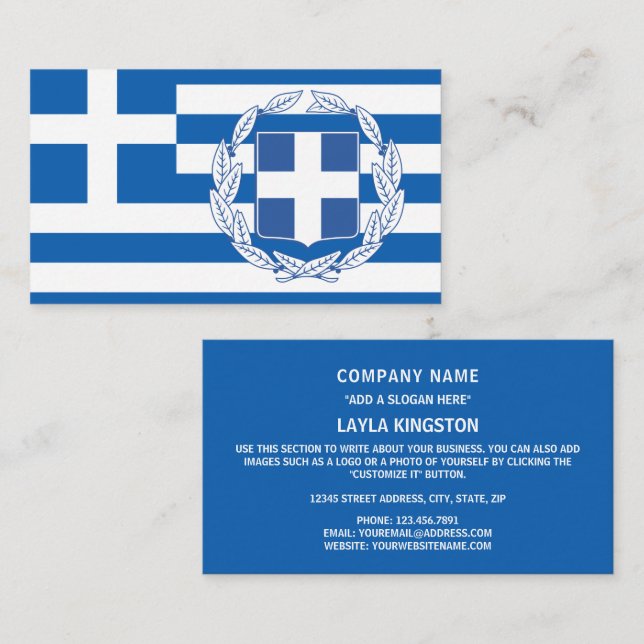 Carte De Visite Drapeau grec et armoiries, Drapeau de Grèce (Devant / Derrière)