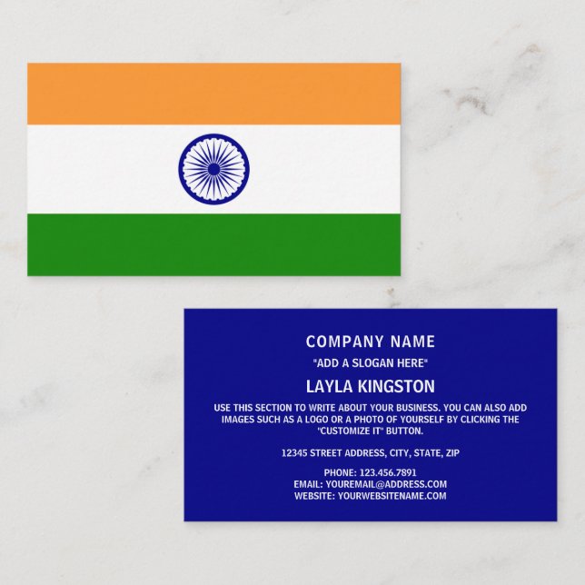 Carte De Visite Drapeau indien, Drapeau de l'Inde (Devant / Derrière)