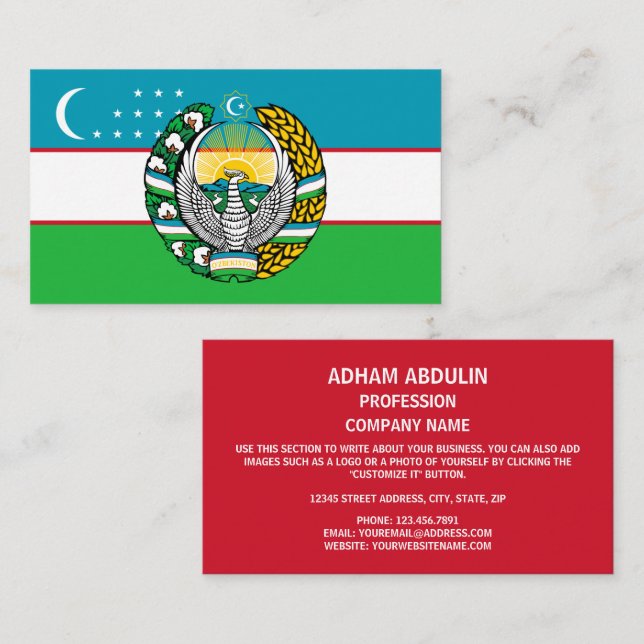 Carte De Visite Drapeau ouzbek & Emblème d'État, Drapeau ouzbek (Devant / Derrière)