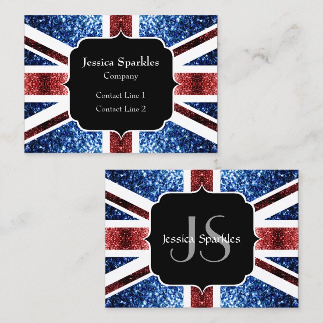 Carte De Visite Drapeau rouge et bleu parties scintillant Monogram (Devant / Derrière)
