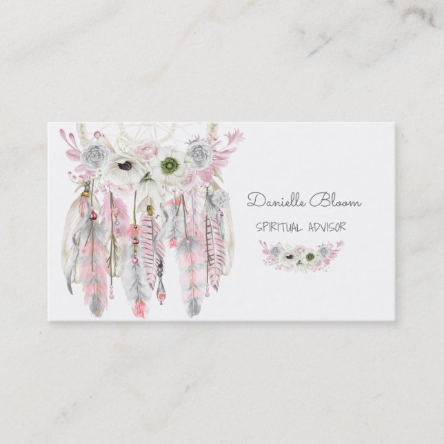 Carte De Visite Dream Catcher Flèches Boho Plumes gris rose (Devant)