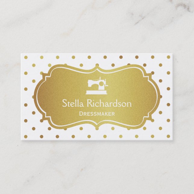 Carte De Visite Dresmaker Seamstress Chic White Gold Pois (Devant)