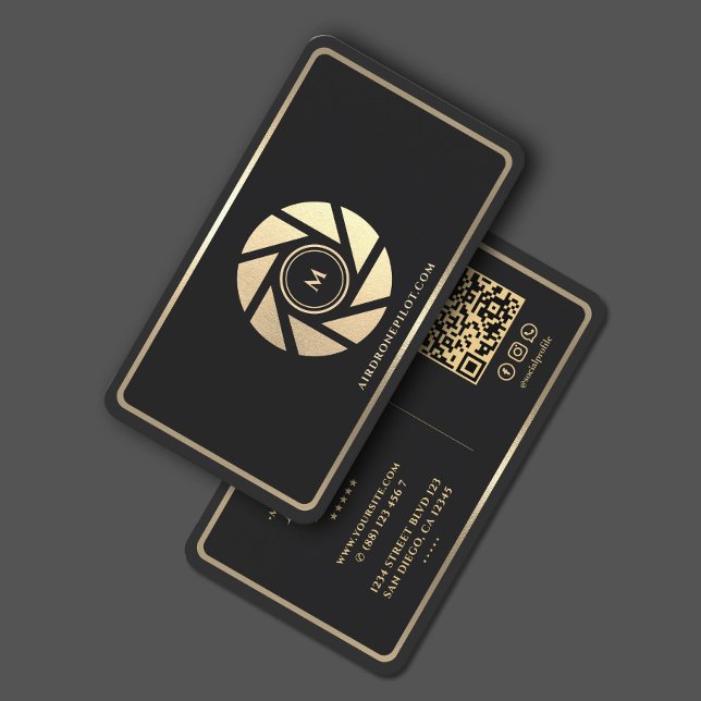 Carte De Visite Drone Pilot Elegant Black Gold Lens Cadre (Drone Pilot Elegant Black Gold Lens Frame Business Card
)