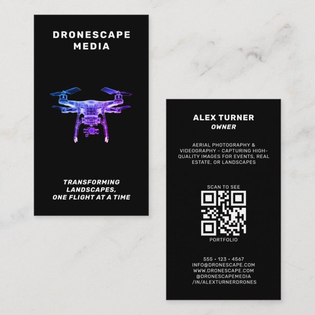 Carte De Visite Drone UAV Pilot Photographie QR Code moderne noir (Devant / Derrière)
