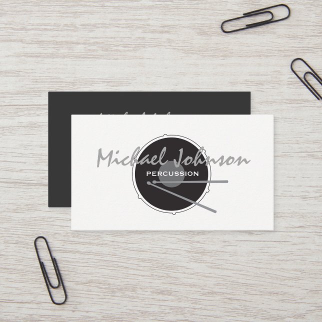 Carte De Visite Drums Drummer Percussion minima Black Music Cool (Devant/Arrière en situation)