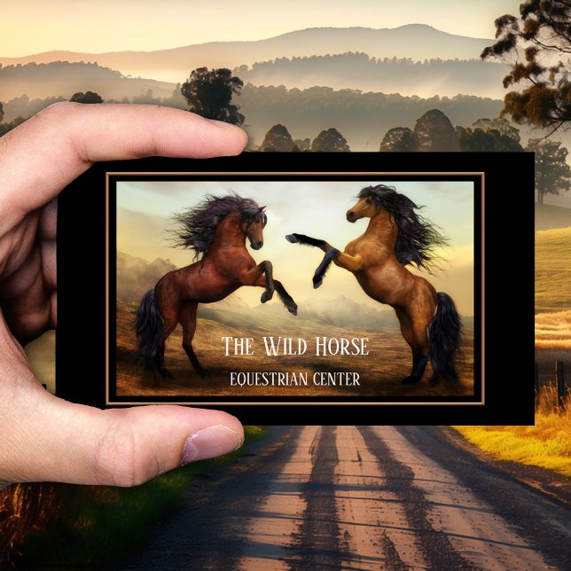 Carte de visite du Centre d'entraînement équestre  (Business card featuring a painting of two wild horses - equine guided coaching - equestrian)