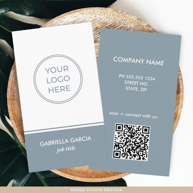 Carte de visite du logo du code QR bleu (Add your business informaation and logo, and URL to create QR Code. )