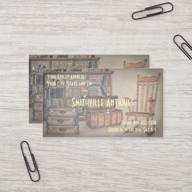 Carte de visite du magasin de meubles anciens (Devant/Arrière en situation)