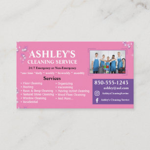 Carte de visite du service de nettoyage rose et vi