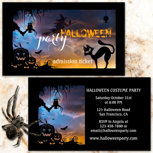 Carte de visite du ticket de la fête du costume d' (Cute Halloween business card featuring a cat, a witch and owl in a tree at full moon - party ticket)