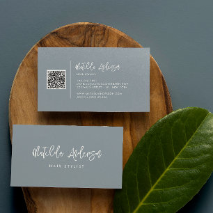 Carte De Visite Dusty bleu moderne script minimal QR CODE