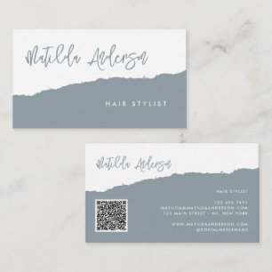 Carte De Visite Dusty bleu moderne script minimal QR CODE