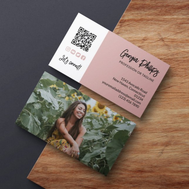 Carte De Visite Dusty Pink QR Code Photo Médias sociaux Icônes (Créateur téléchargé)