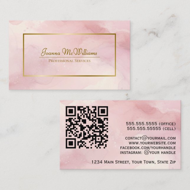 Carte De Visite Dusty Rose Abstrait Aquarelle et Gold QR Code (Devant / Derrière)