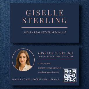 Carte De Visite Dusty Rose Navy Blue Real Estate Agent QR Code