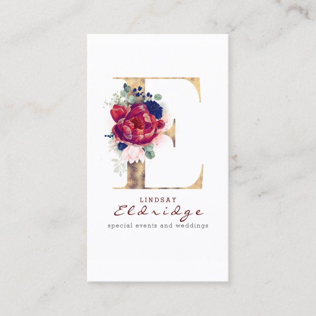 Carte De Visite E Monogram Burgundy Gold et Navy Blue Floral (Devant)