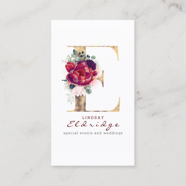 Carte De Visite E Monogramme Bourgogne Fleurs rouges et Faux Gold (Devant)