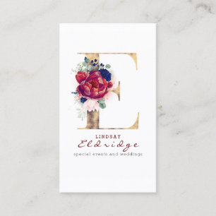 Carte De Visite E Monogramme Bourgogne Gold et Navy Blue Floral