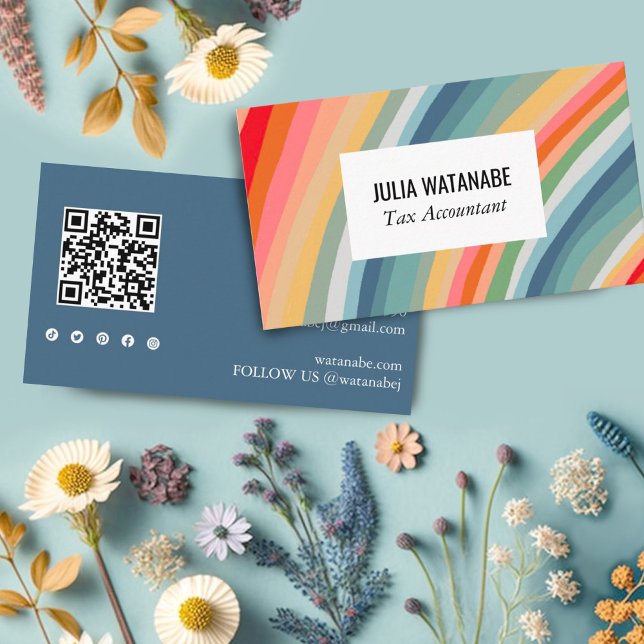 Carte De Visite Earth Rainbow Stripes QR Code Social Media Chic (Customize this business card with your QR code and social media icons. Add your own text too. )