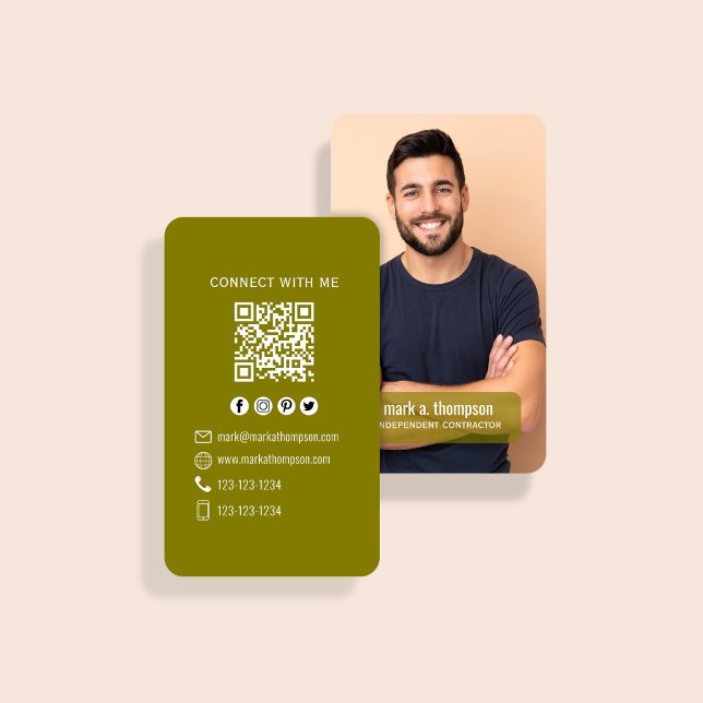 Carte De Visite Earth Tone Photo QR Code Connect With Me (Olive green QR code card with photo and clean modern contact layout)