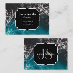 Carte De Visite Eau sombre noir bleu mousse ondulée Monogramme