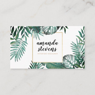 Carte De Visite Eau verte tropicale blanche en feuille d'or chic